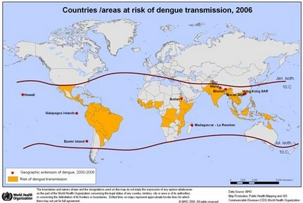 Mapa da distribuição da dengue no mundo, 2006
