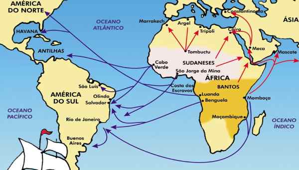 Mapa do tráfico de escravos e distribuição de etnias africanas no Brasil