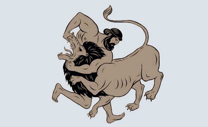 Hércules aplica um golpe mortal no leão de Nemeia.